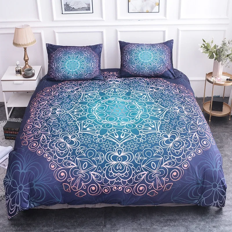 Mandala Duvet Cover Set King Size Lotus Flower Blue Purple Pink Bedding Set Bohemian Mandala Style Soft Polyester Quilt Cover