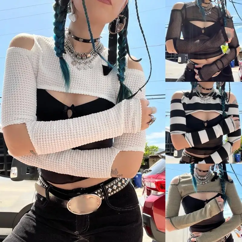 Women Summer for Sun for Protection Pullover Crop Top Cutout Cold Shoulder See Through Mesh Striped Long Sleeve Shrug Cl