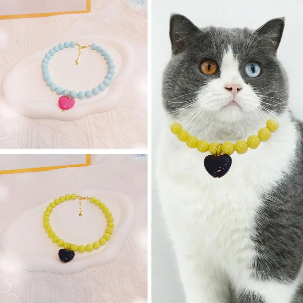 Dog Necklace Round Beads Colorful Beaded Pet Necklace Adjustable Length Heart Pendant Stylish Cat Dog Collar Cute for Beloved