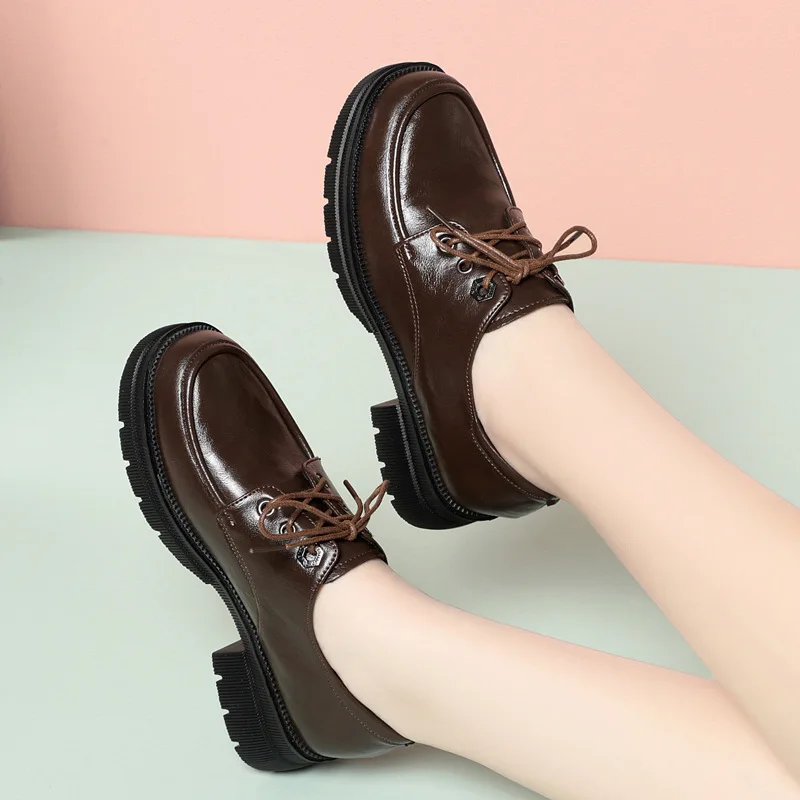 

Vintage British Style Genuine Leather Shoes Flat Platform Loafers Spring 2025 Trend Square Heels Shoes for Office Mom Casual