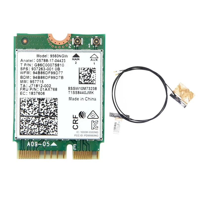 

9560NGW Wifi Card+Antenna 1730Mbps Wireless AC 9560 Dual Band 2.4G+5G BT 5.0 802.11Ac M.2 CNVI 9560NGW Wireless Adapter