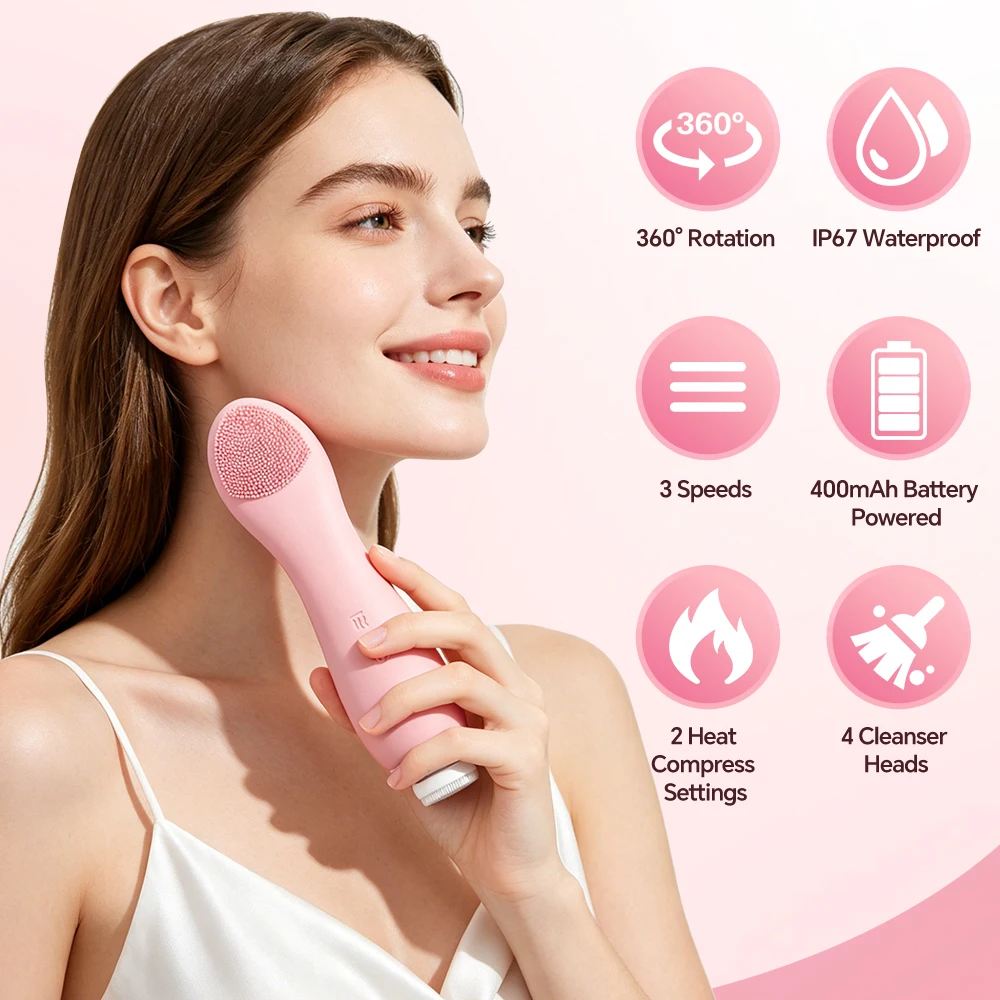 Rotating Facial Cleansing Brush 4 Heads 2 Heat Modes 3 Speeds Electric Face Scrubber IP67 Waterproof Skin Care Tool For Women - view 3