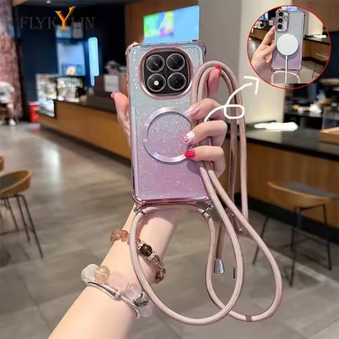 Plating Clear Magnetic Cases For Xiaomi Poco X7 X6 F7 Pro M6 F6 X5 X3 POCO C65 C75 Crossbody Lanyard Necklace Cover
