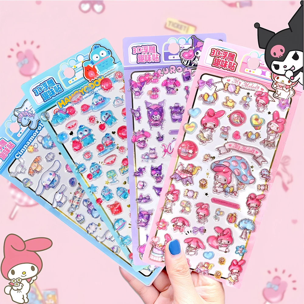 4pcs Kawaii Cartoon Kuromi 3D Relief Stickers Melody Cinnamoroll Decorative Luggage Laptop Cute Cartoon Crystal Sticker Toy Gift