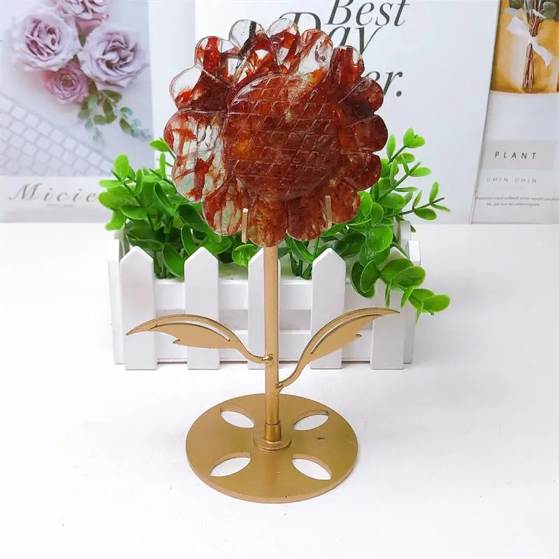 Natural Red Fire Quartz Hematoid Sunflower Crystal Carved Figurine Fashion Holiday Gift Quartz Carving Healing Home Decoration