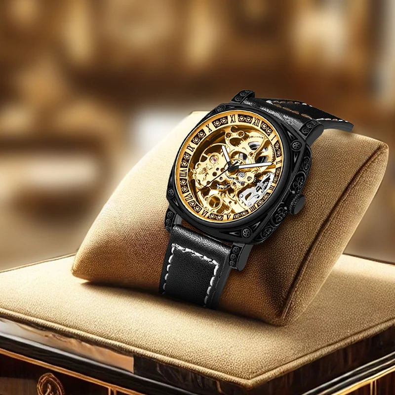 

A men's black strap business minimalist engraved engraved analogue automatic mechanical watch