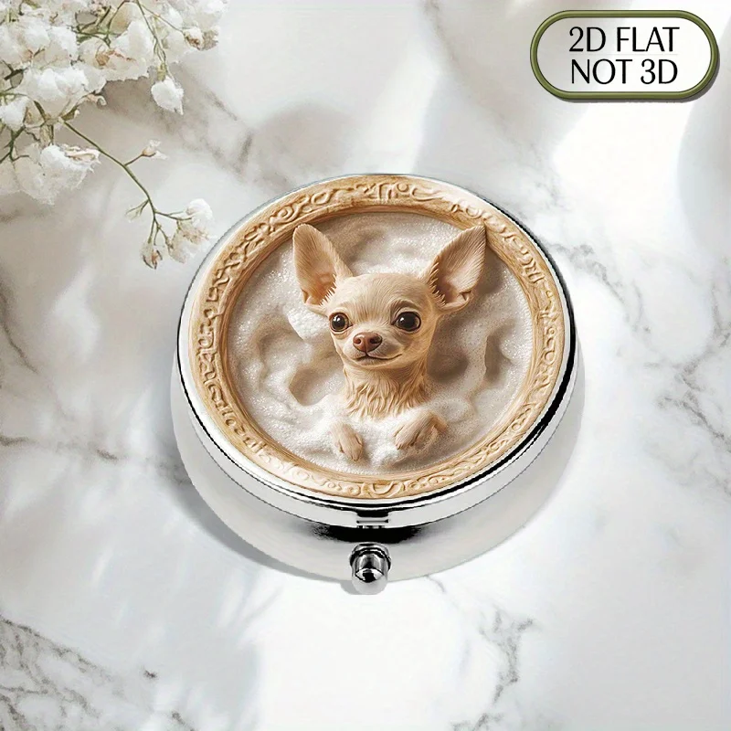 A portable round three-compartment metal pill box, printed with a cute Chihuahua pattern from shampoo foam - suitable for travel, medication, and vitamin storage, with a compact flat design