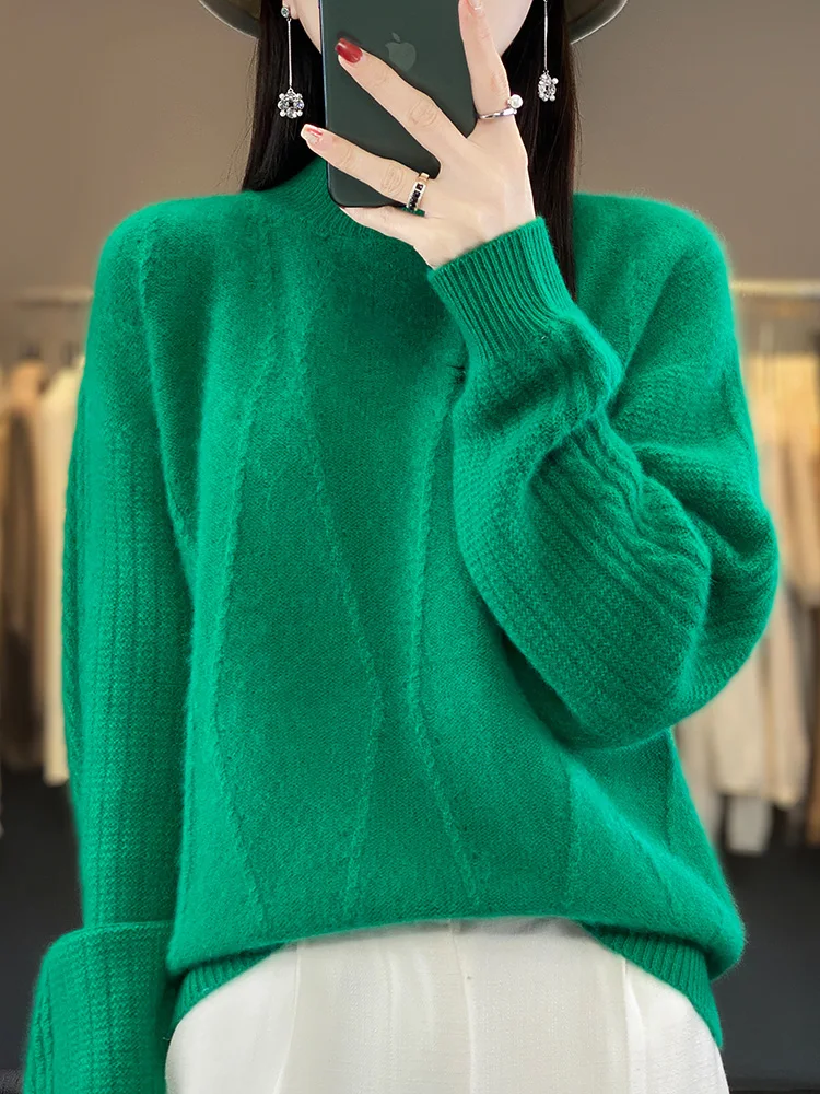 Women's Mock Neck Hollow Out Sweater Pullovers 100% Pure Wool Cashmere Loose Vintage Solid Knitwear Autumn Winter Clothing Tops