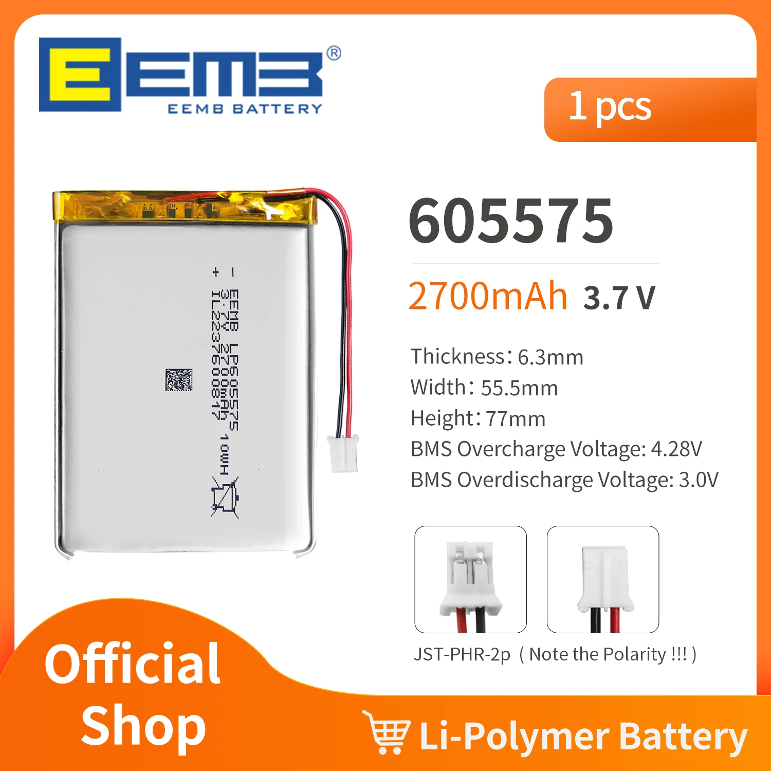 EEMB 605575 3.7V Battery 2700mAh Rechargeable Lithium Polymer Battery Pack For Dashcam,Flashlight,Bluetooth Speaker, GPS,Camera