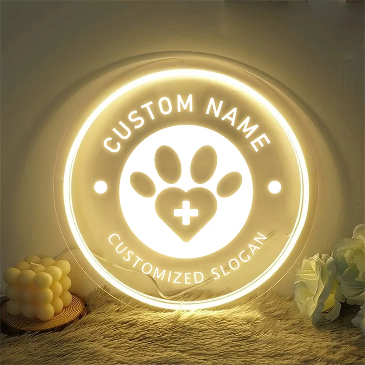 1PC Round Shape USB Power Pet Hospital Custom Text Neon Led Sign Acrylic Lamp Pet Hospital Transparent For Wall Hanging Decor 