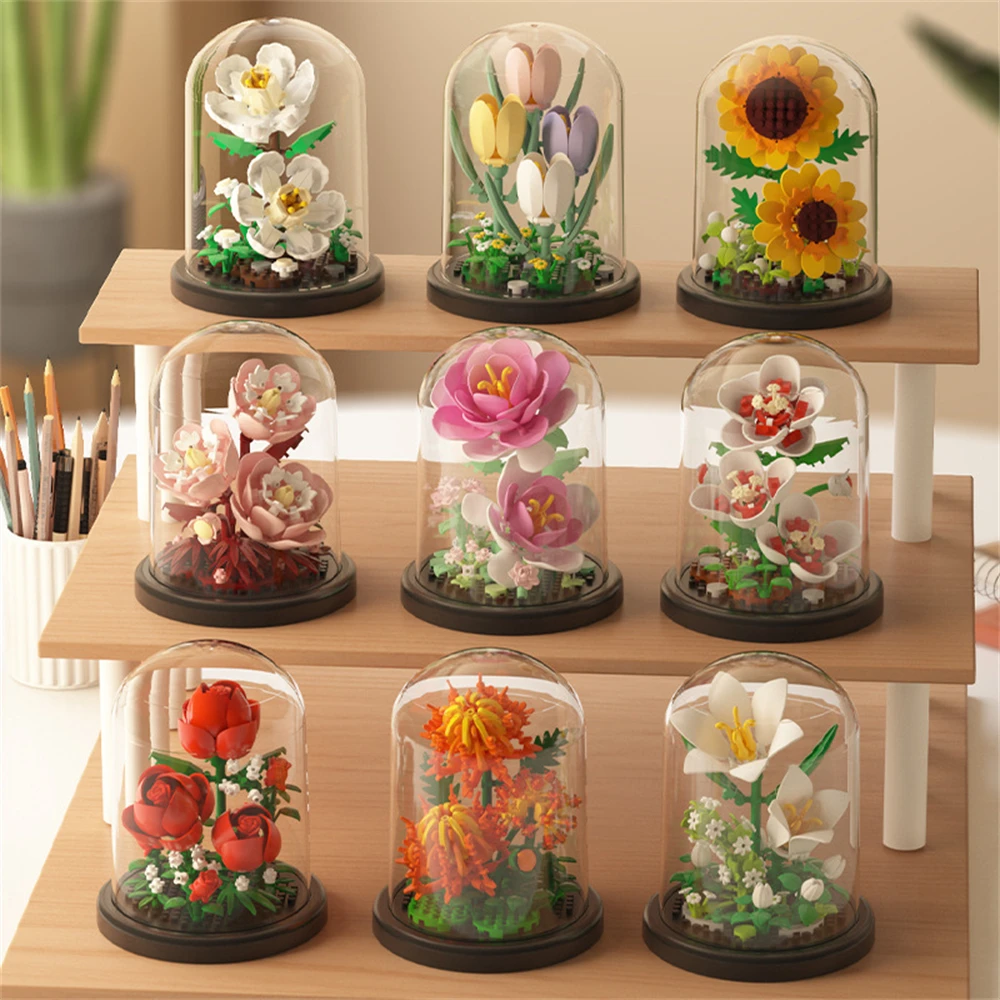 Potted Plant Micro Building Blocks Simulation Lily Rose Flower Assembling Brick Model Kids Toys Home Decoration Collection Gift