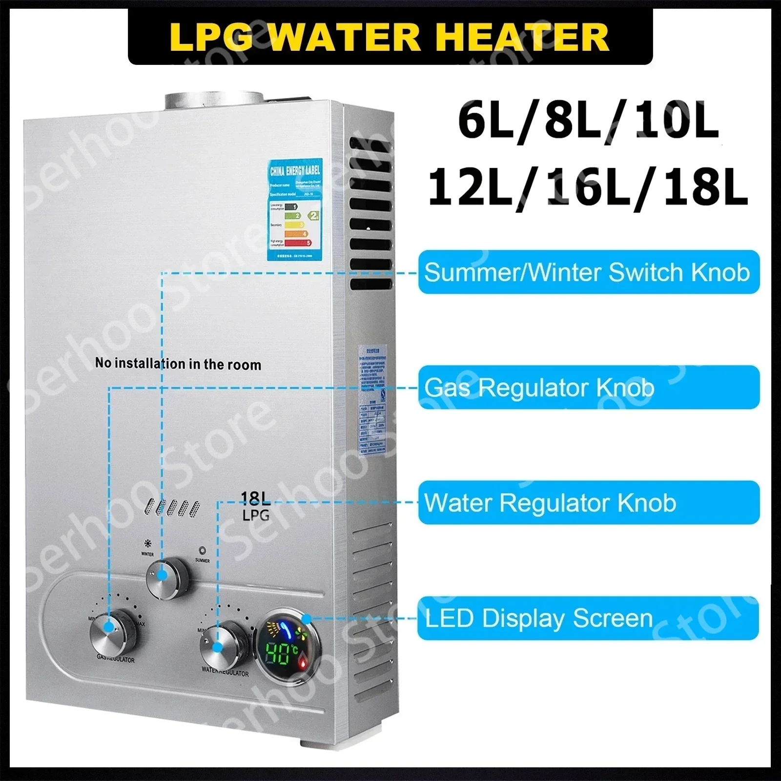 LPG Water Heater 6L 8L 10L 12L 16L 18L LPG Liquefied Petroleum Gas Propane Butane Water Heater Stainless Steel Boiler Kit