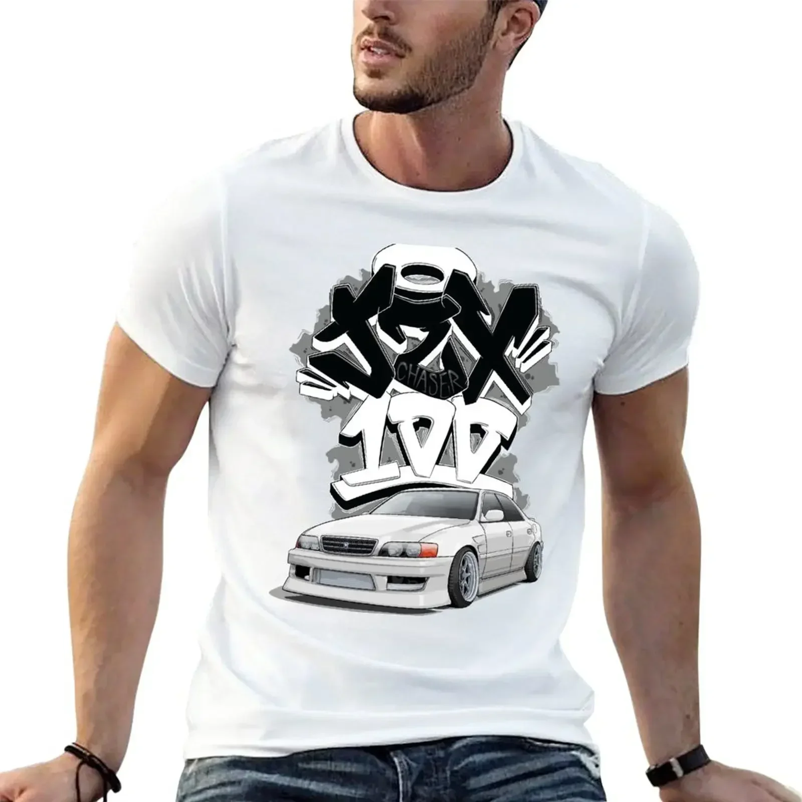 Chaser jzx100 (white) with graffiti background, T-Shirt customs design your own heavyweights mens funny t shirts men clothing