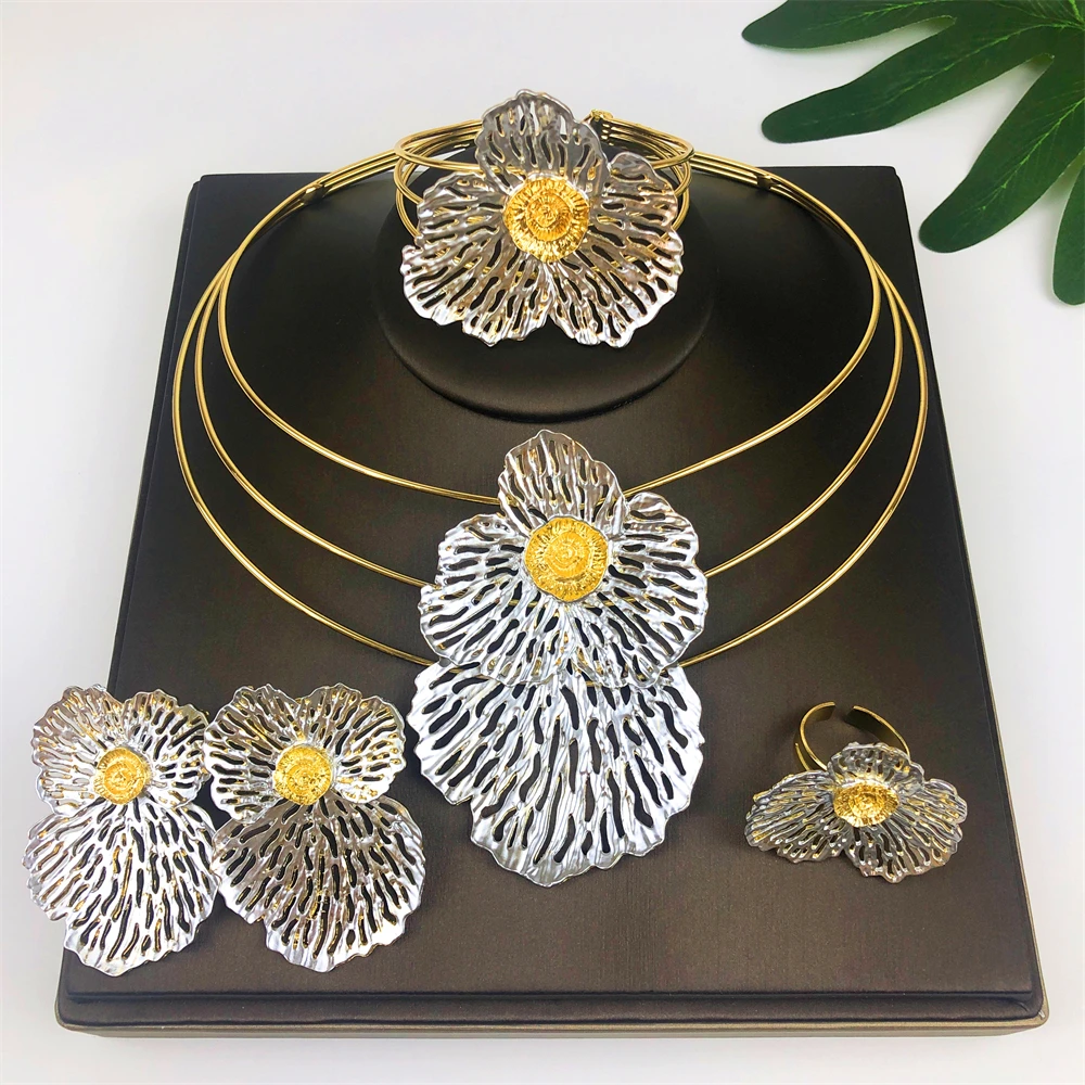 

18K Gold Plated Jewelry Set Women Necklace Earring Bracelet Ring African Bridal Wedding Party Gifts