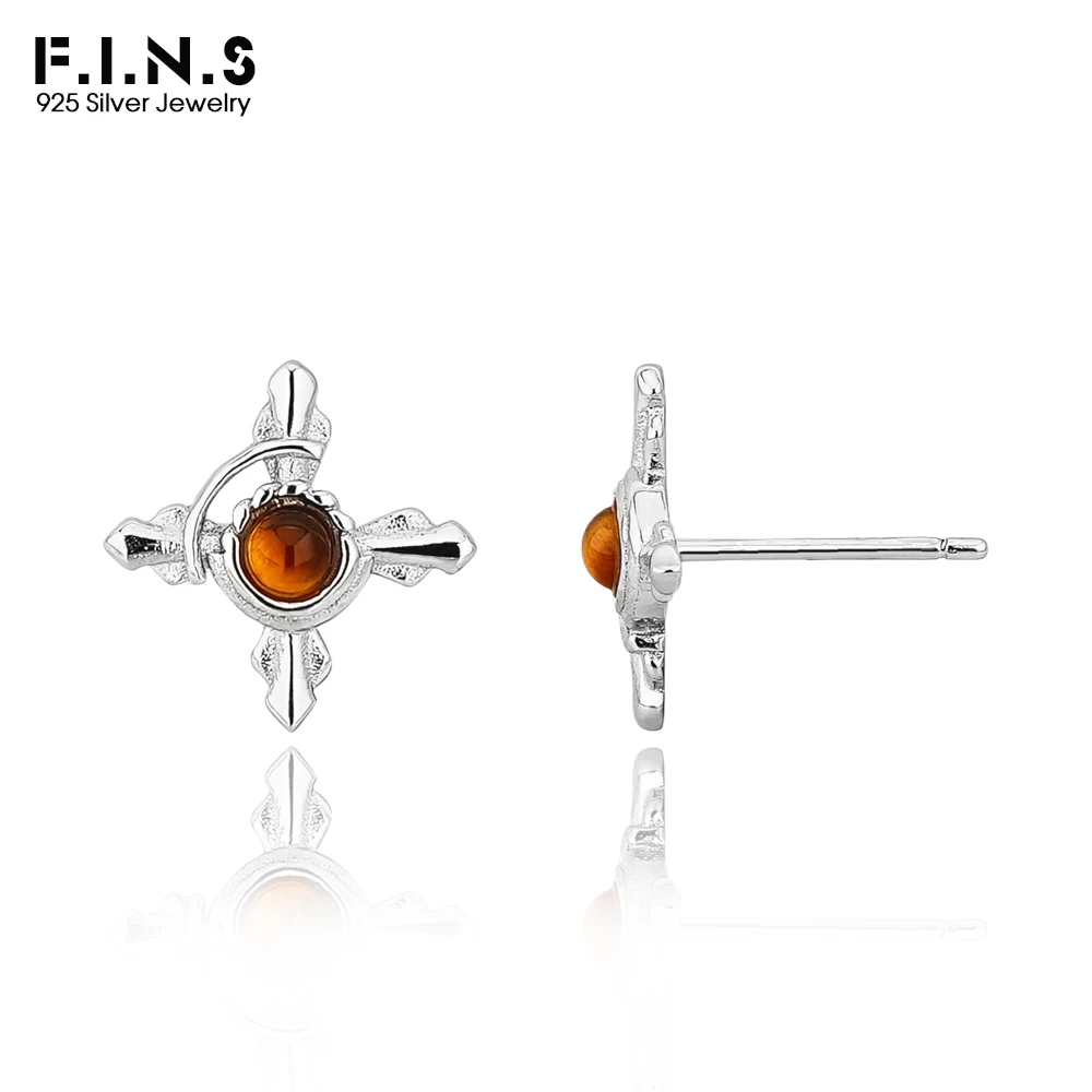 

F.I.N.S Original Korean Small S925 Sterling Silver Tiger Eye Stone Earrings Women Retro Cross Piercing Ear Studs Fine Jewelry