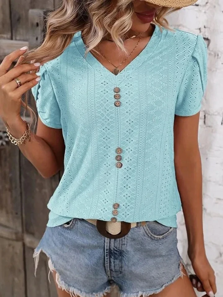 

Women's New Solid Color Casual V Neck Short Sleeve T Shirt Fashion Pinhole Button Top Summer Loose With Office Tops Female 2023