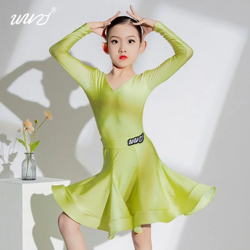 ラテンダンス衣装、ダンシングガールズ、特別な機会のための光沢のあるヨーロッパスタイルの春夏子供服