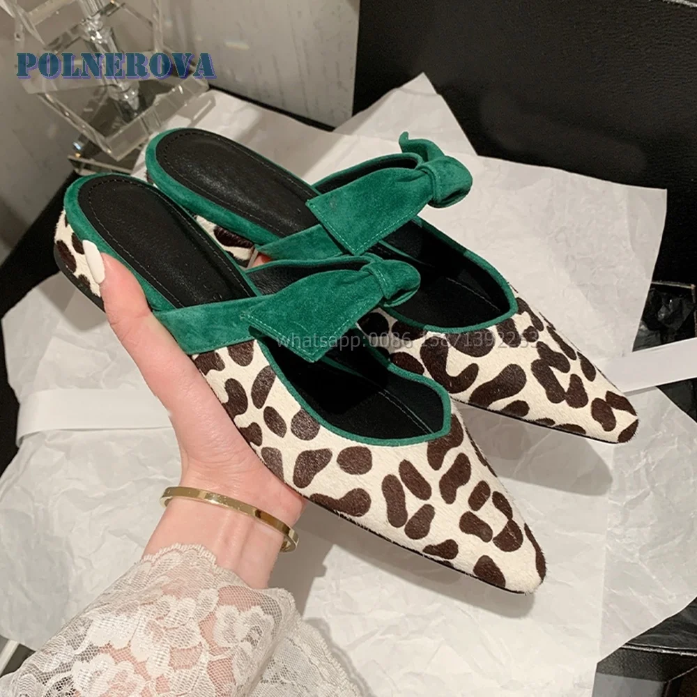 

Bowknot Leopard Horsehair Shallow Pumps Pointed Toe Flat with Side Air Slingback Slip On Mules Sexy Casual Luxury Sandals 2024