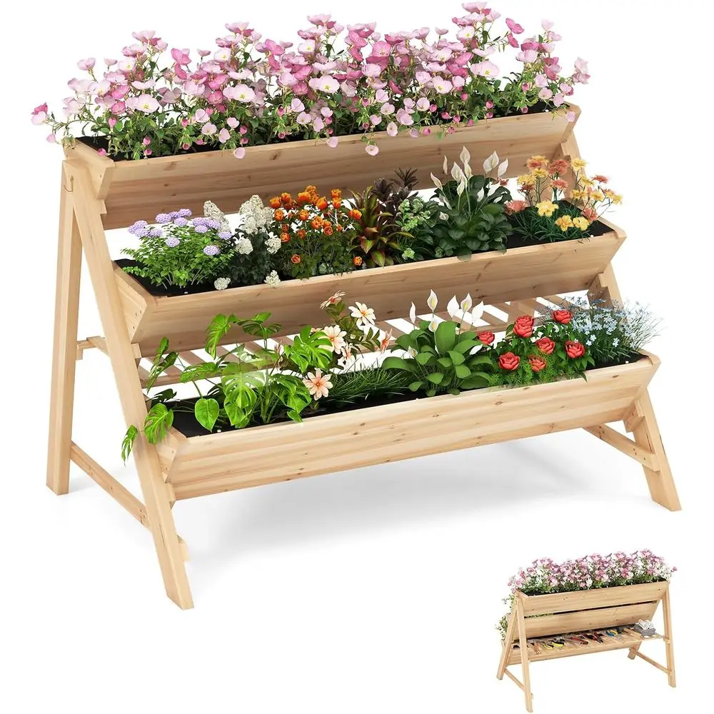 

All-Weather 3-Tier Wooden Raised Garden Bed with Storage Shelf, Hanging Hooks, and Bed Liners for Patio or Lawn