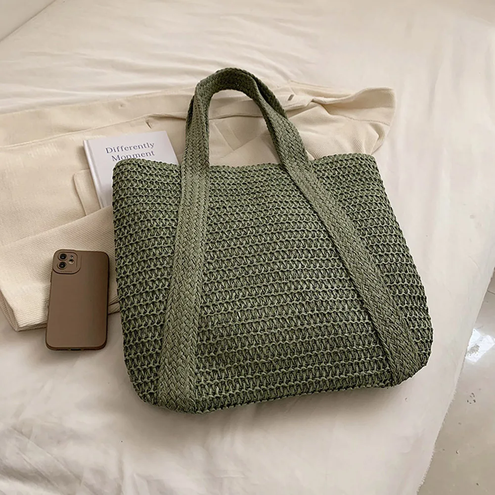 Bolsos con asa superior, bolsos tejidos a mano a la moda, bolsos de verano simples de gran capacidad con colgante de borla, bolso de compras