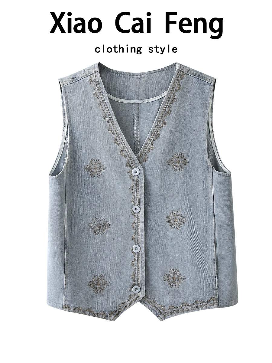 

Retro Distred Embroidery V-ne Denim Vest Women's Summer Outerwear Loose Casual Layering Svel oulder Pad Vest Trend