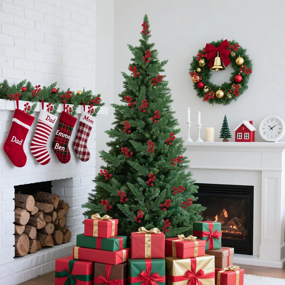 فروع الصنوبر الاصطناعي مع ينبع التوت الأحمر فو دائمة الخضرة أوراق الشجر الصنوبر السرو يترك ينبع DIY بها بنفسك عيد الميلاد جارلاند الأشجار ديكور #5