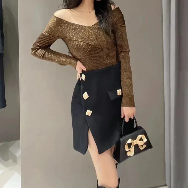 Women Slash Neck Long Sleeve Pullover Elegant Slim Strap Sweaters Tops Sexy Cross Chest Knitted Pullovers Lady Summer 2023