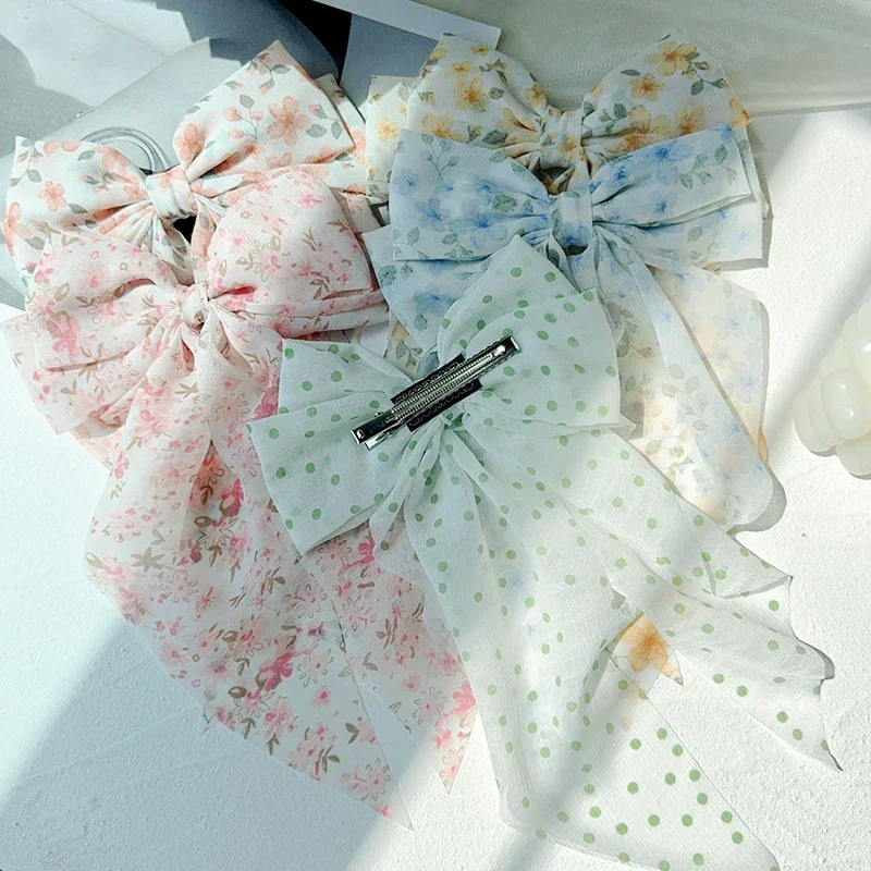 1 Uds. Pinza para el pelo con lazo grande estampado satinado de temperamento elegante Popular en línea preferida de verano para accesorios para el cabello para niñas