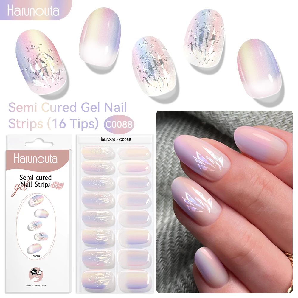 Harunouta 16 Streifen, Farbverlauf, roter Marmor, Goldlinie, halbgehärtete Gel-Nagelstreifen, DIY-Gel-Nagellack-Aufkleber für Nägel, Arbeit mit UV/LED