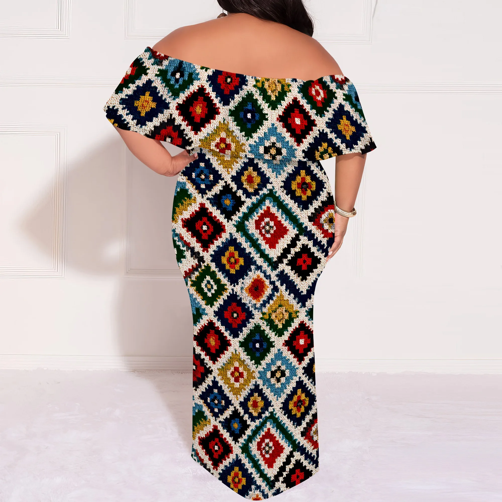 Women's Plus Size Summer Dresses Sexy Casual African Print Off The Shoulder Short Sleeve Ruffle Maxi Dress（XL-6XL）