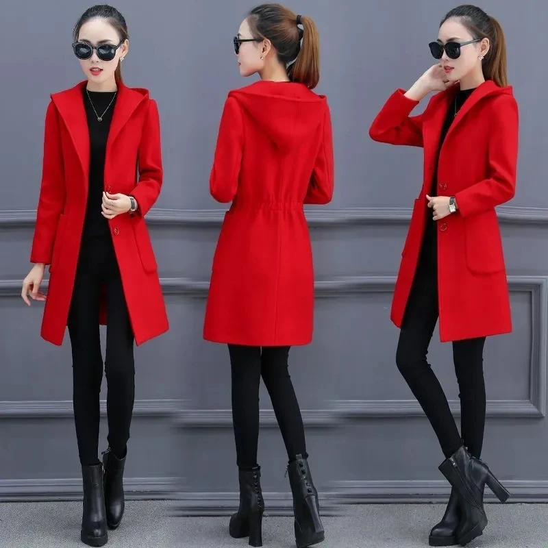 Women\'s hooded trench coat New autumn winter 2023 warm tweed jacket South Korea fashion elegant office ladies long coat