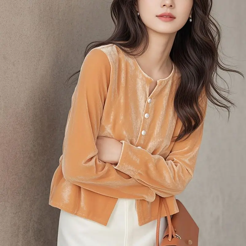 

2025 Spring Fall Women Casual Full Sleeve Orange Blue Velvet Cardigan Top Shirt , Woman Clothing Velour Tops Shirts