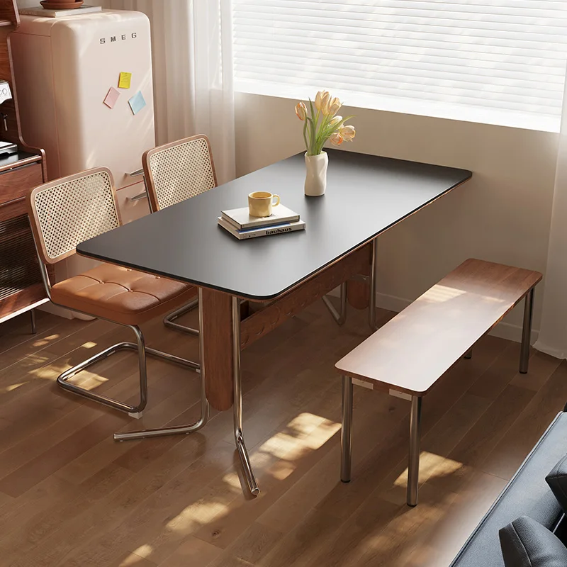 Rectangular Rock Slabs Dining Table for Apartment Modern Home Kitchen Tables with Storage Luxury Stainless Steel Legs Cafe Table