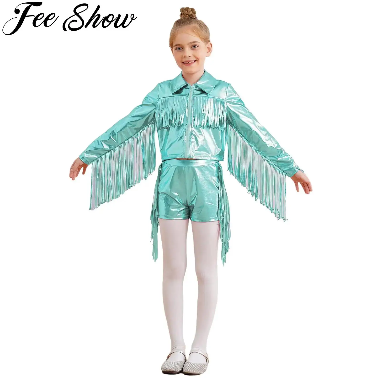 

Kids Girls Hip Hop Jazz Dance Costume Metallic Tassels Long Sleeve Zipper Jacket with Shorts Rave Party Performance Dancewear
