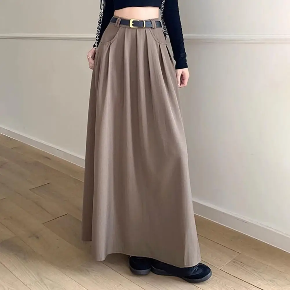 Solid Color Office Skirt Stylish Women's A-line Midi Skirt with Pockets for Autumn Summer Elegant Solid Color Lady Skirt Holiday