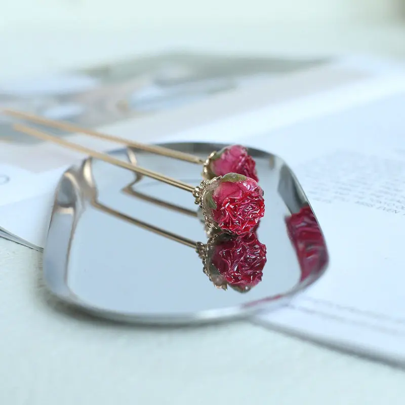 Chinese Style Hanfu Real Dried Rose Resin Hair Stick Vintage Faux Pearl Decor Hairpin For Women Cosplay Party Daily Wear Classic
