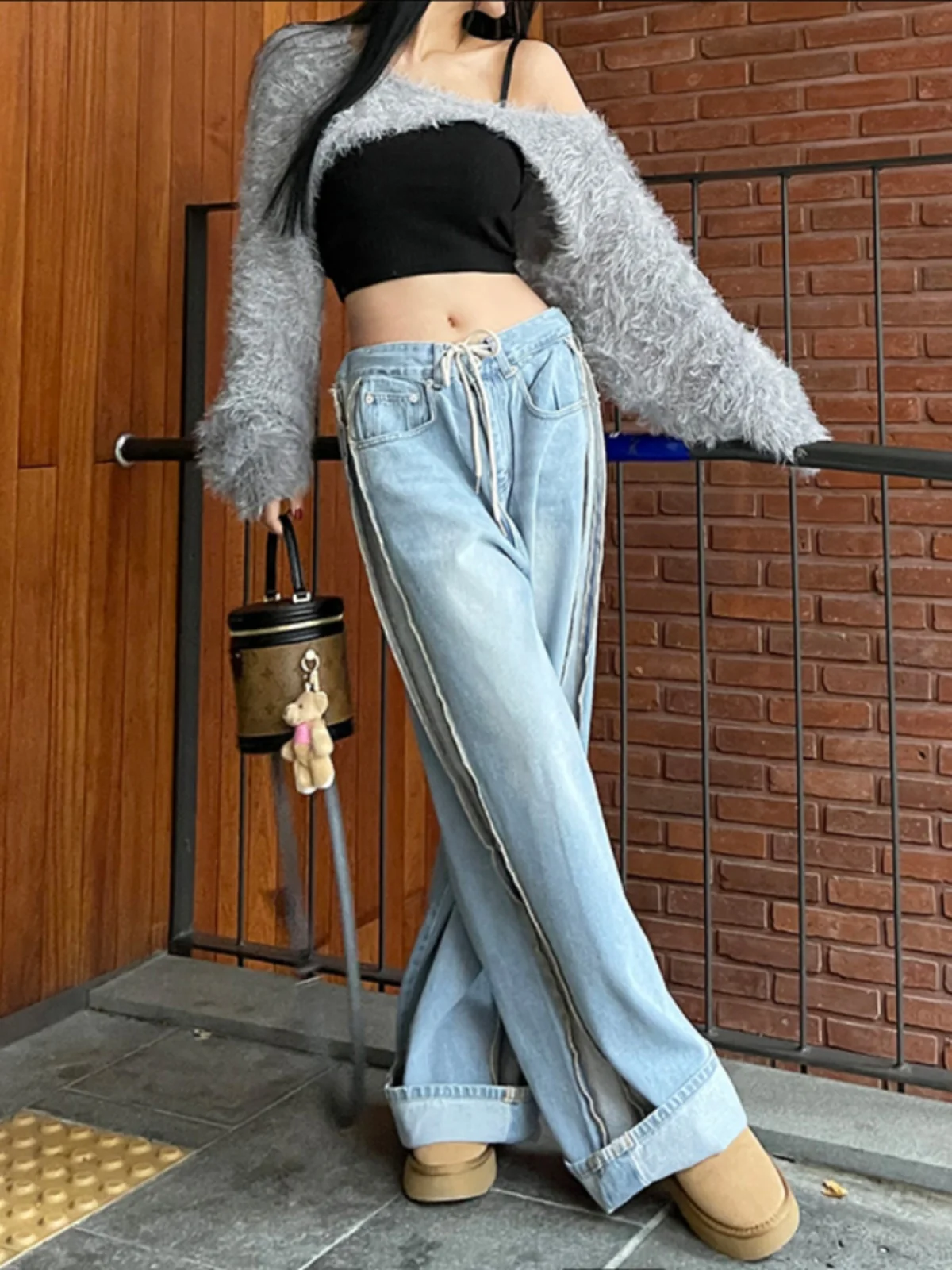 Retro Faded Denim Wide Leg Pants Women's Sweet Cool Versatile Loose Belted Straight Side Strip Floor-Length Trousers