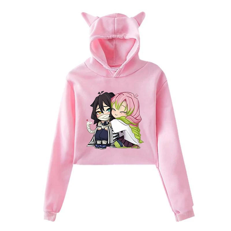 Funny Kanroji Mitsuri Iguro Obanai Cartoon Hoodie Fashion Women Girls Cat Ears Cropped Hoodie Female Casual Long Sleeve Pullover