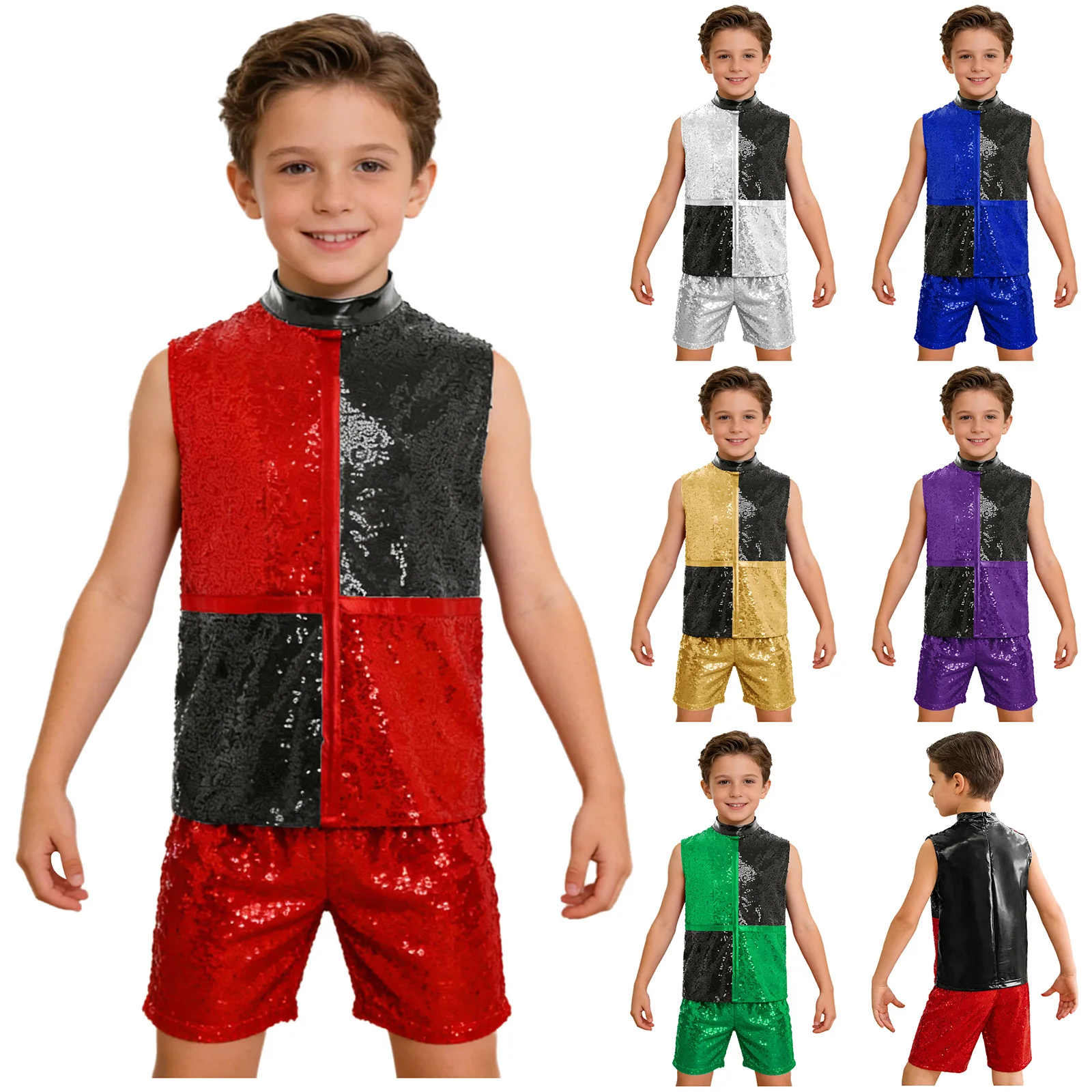Kids Boys Fashion Party Set Jazz Dance Performance Outfit Sleeveless Shiny Sequin Color Block Top with Shorts Teens Streetwear