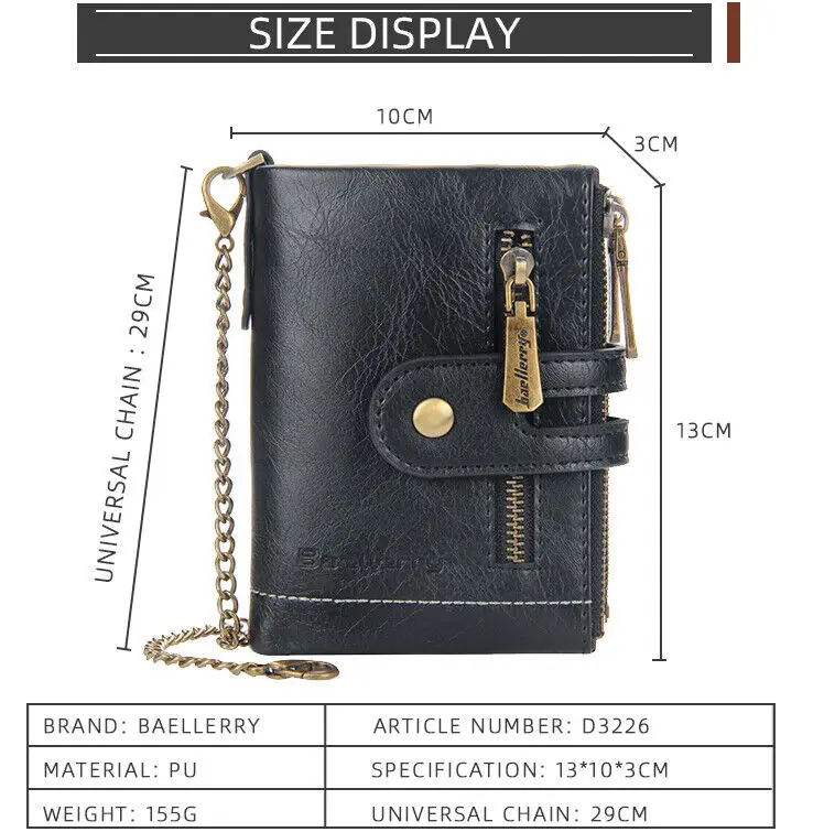 محفظة رجالية قصيرة ثنائية الطي من جلد البولي يوريثان وحامل بطاقات بسحاب مزدوج وسلسلة مضادة للسرقة وجيب للعملات المعدنية مع نافذة لبطاقة الهوية #2