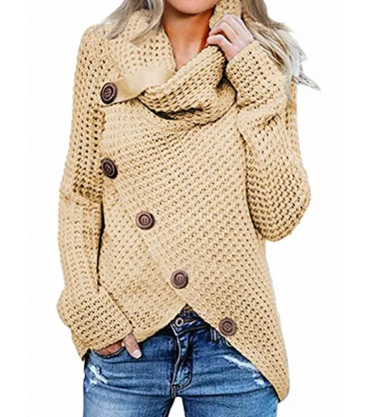 Frauen Herbst Winter Neue Neue High-neck Lange ärmeln Unregelmäßigen Diagonal Taste Pullover Gestrickte Pullover Top Einfarbig