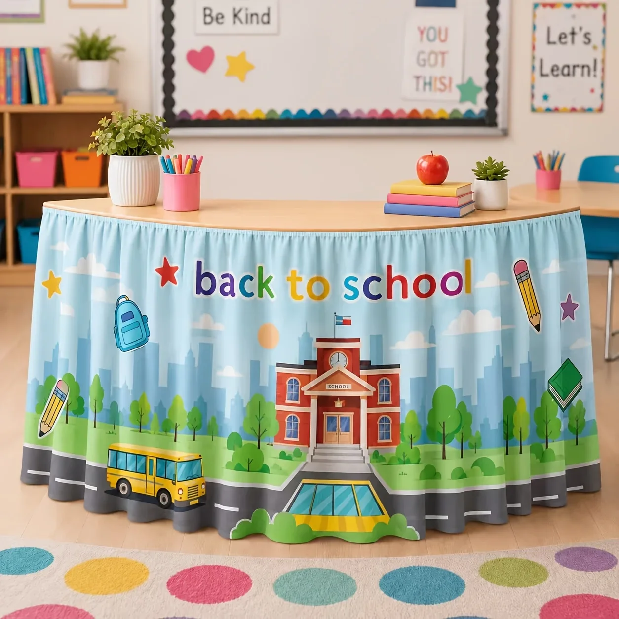 Back-to-school theme ruffle leaf edge table skirt, colorful campus element printed table flag, teacher gratitude
