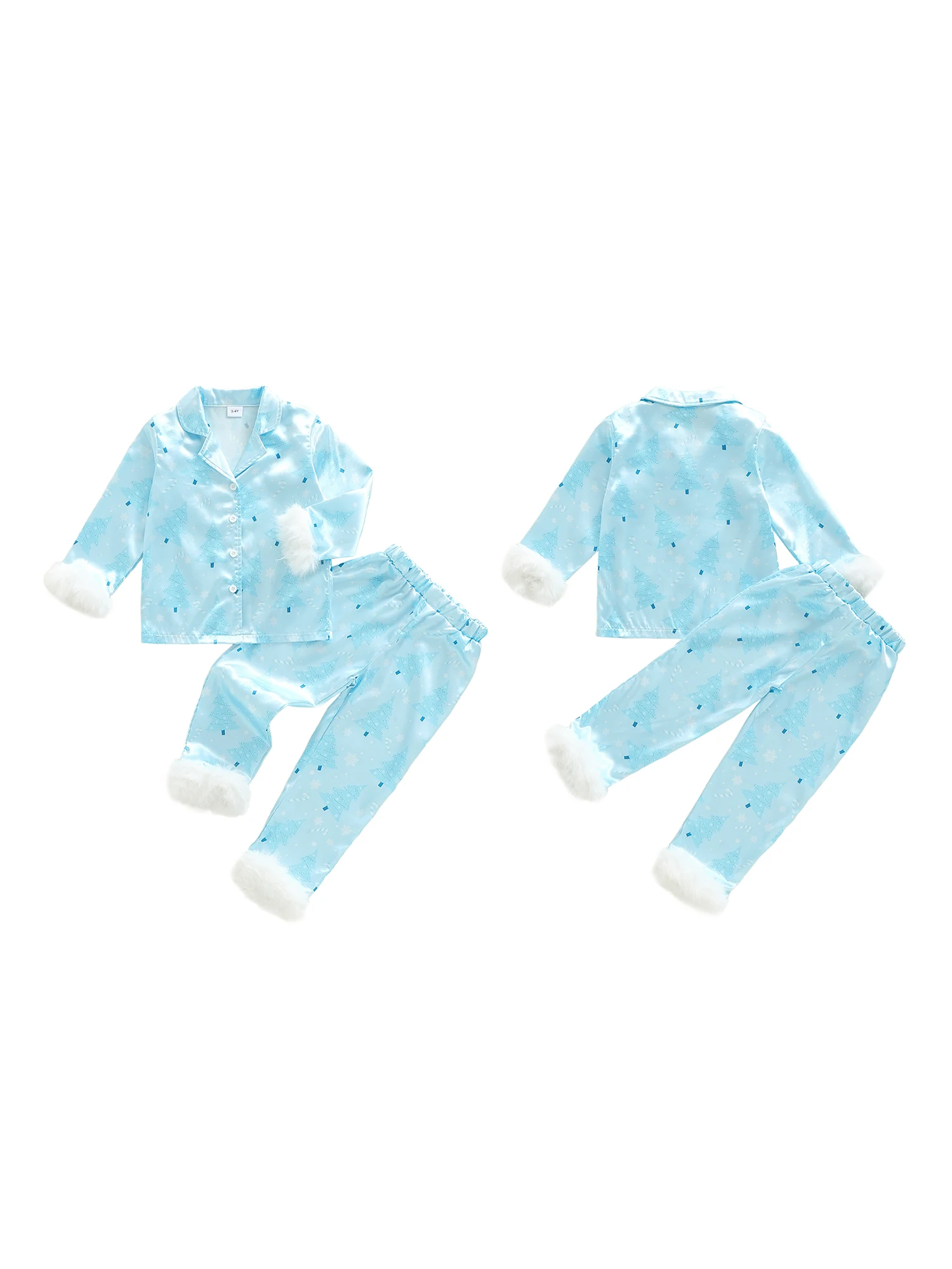 

Christmas Toddler Girl Satin Pajamas Set with Reindeer Print Lapel Long Sleeve Button Down Tops and Pants Sleepwear