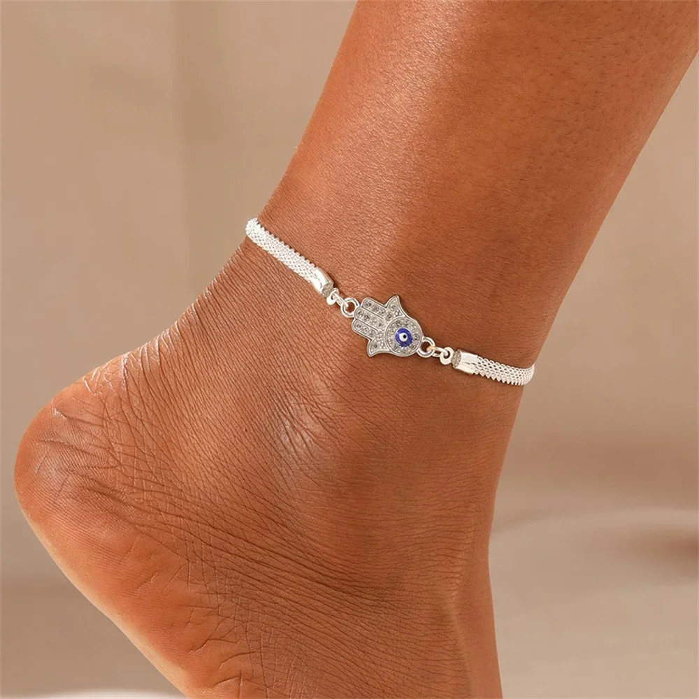 New Cross Hands Charm Shiny Anklet for Women Silver Color Rhinestone Vintage Metal Ankle Bracelet Sparkly Foot Jewelry