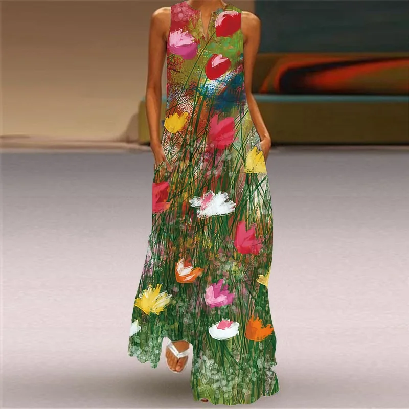 

Natural and fresh illustration printed long skirt - V-neck wide hem ankle length dress