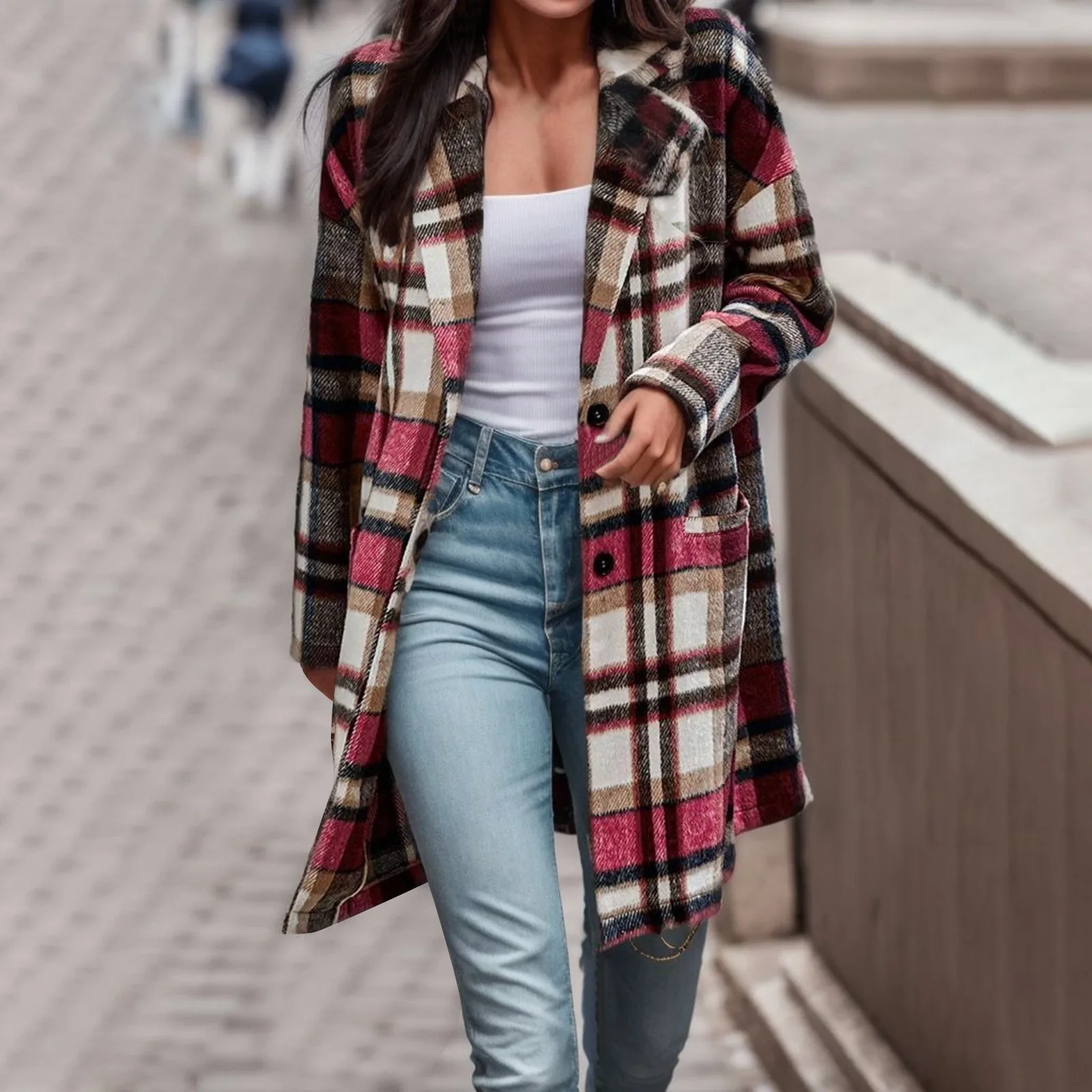 Women's Plaid Shacket Jacket Casual Button Lapel Wool Blend Trench Coat with Pockets Long Sleeve Checked Woolen Coat Outerwear