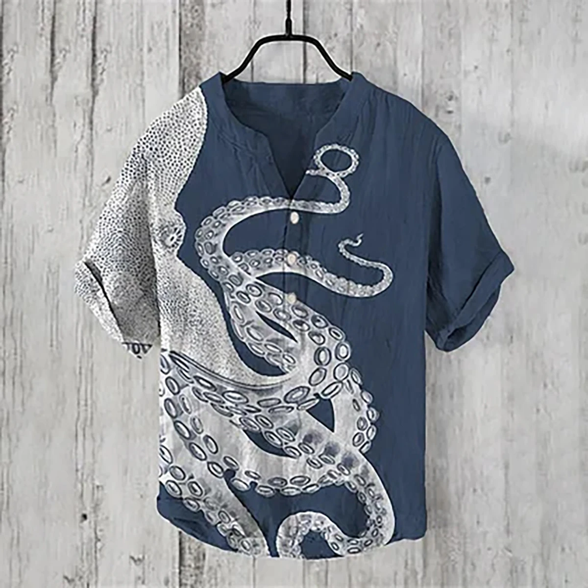 Men's three-breasted shirt border Hawaiian art print fish series octopus pattern 3D digital print casual short-sleeved shirt