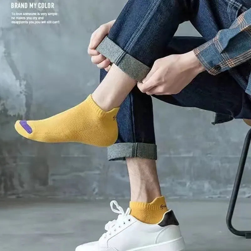 5 Pairs Set Mens Summer Fashion Solid Color Letter Ankle Socks High Quality Elastic Mesh Breathable Deodorant Mens Short Socks