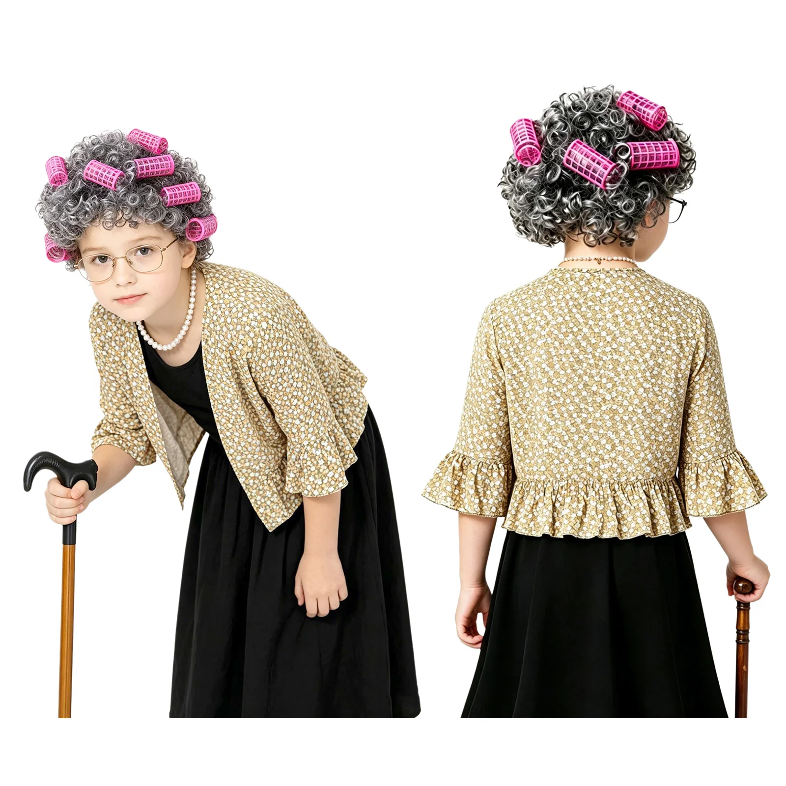 

Girls Granny Costume 100 Days School Ruffled Open Cardigan Wig Pearl Necklace Glasses Hair Net Walking Stick Halloween Role Play