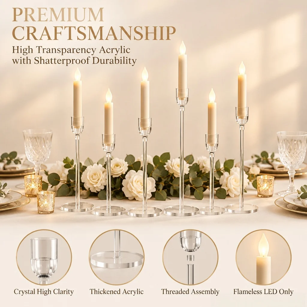 Clear Shatterproof Acrylic Candlestick Holders Set of 3, Stackable Tall Candle Stands, Wedding Decor No Fire Candles